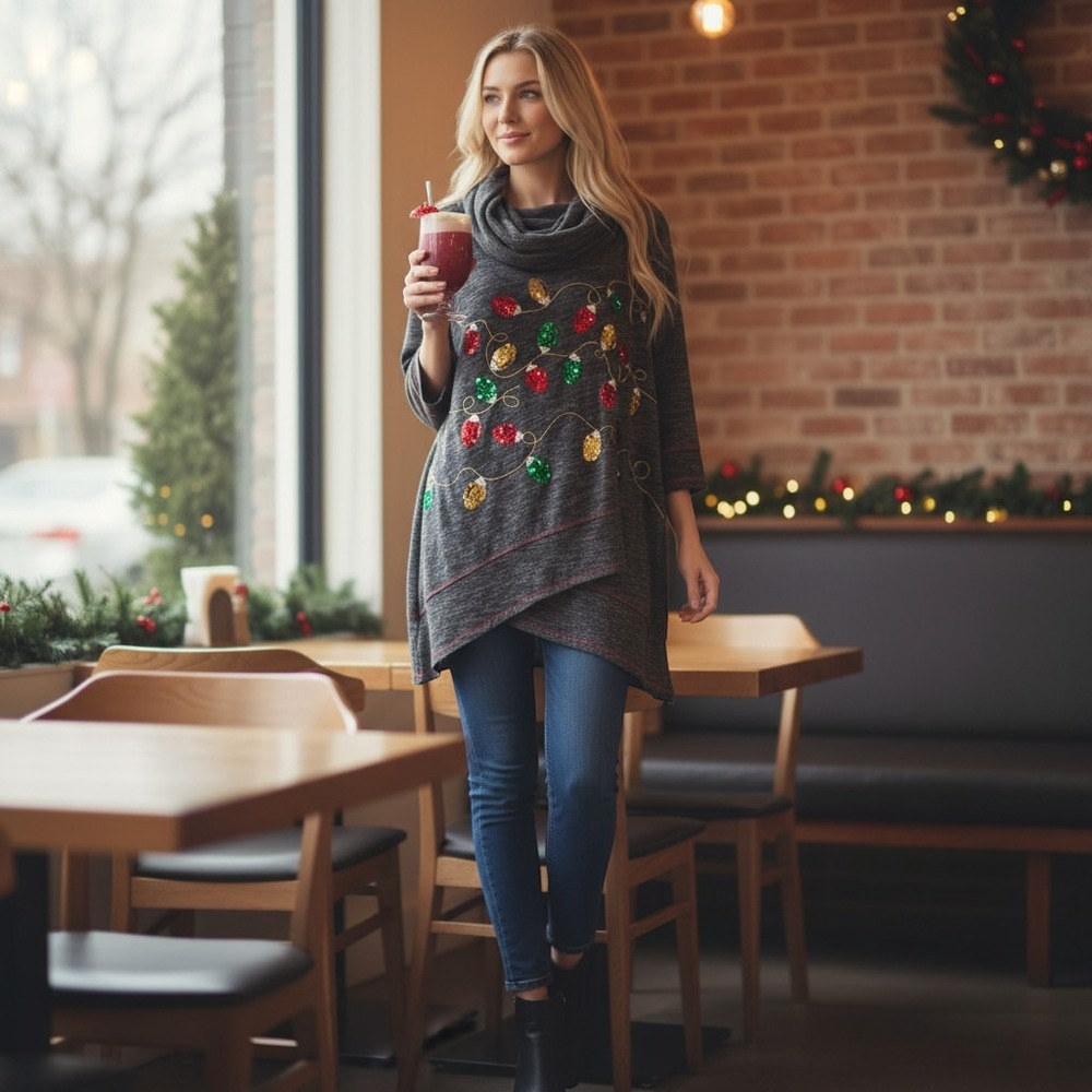 Thomas & Olivia Women 2X Gray Sequin Holiday Light Bulb Cowl Neck Top Plus Size